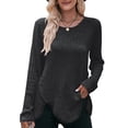 thumbnail image 1 of SHIBEVER Tops for Women Fall Casual Long Sleeves Blouses Blasic Soild Black Knit Tunic Tops Round Neck Loose Side Split T Shirt for Women Size S, 1 of 5