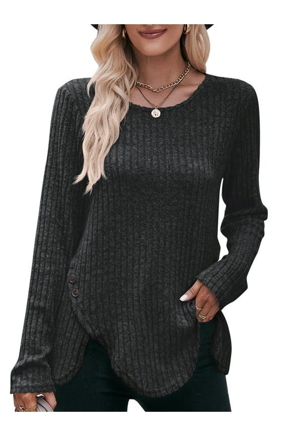 Tops for Women Fall Casual Long Sleeves Blouses Blasic Soild Black Knit Tunic Tops Round Neck Loose Side Split T Shirt for Women Size XL
