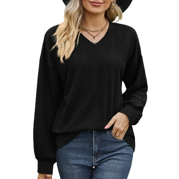 SHIBEVER Tops for Women Fall Casual Long Sleeves Blouses Loose Fit Knit Tunic Tops Trendy V Neck Soild Black T Shirt for Women Size S
