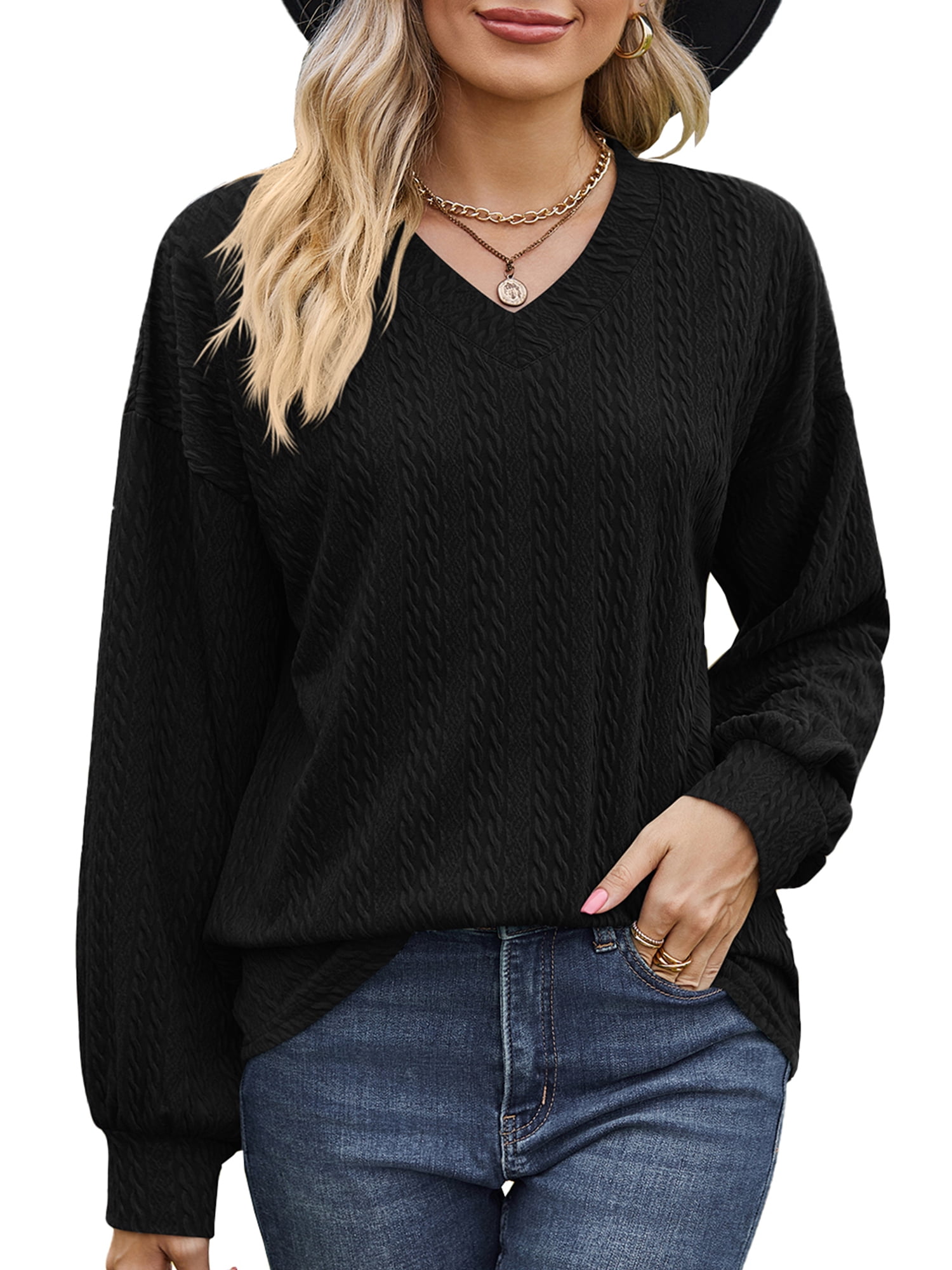 Tops for Women Fall Casual Long Sleeves Blouses Loose Fit Knit Tunic Tops Trendy V Neck Soild Black T Shirt for Women Size XL