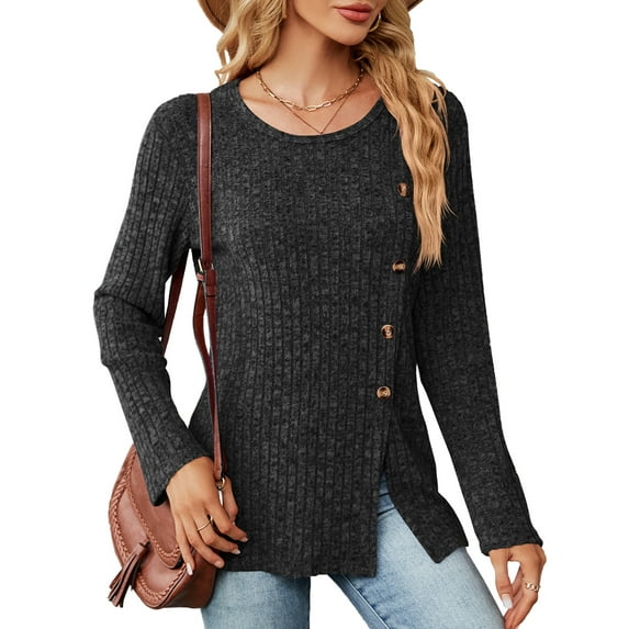 SHIBEVER Tops for Women Fall Round Neck Long Sleeve Shirts Plus Size Fashion Knit Tunic Side Split Sweater for Women Size XXL