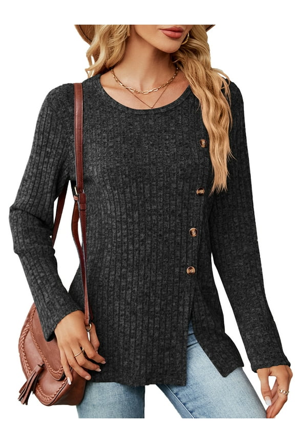 Tops for Women Fall Round Neck Long Sleeve Shirts Plus Size Fashion Knit Tunic Side Split Sweater for Women Size XXL