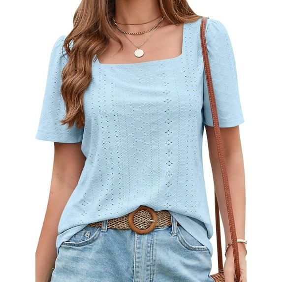 SHIBEVER Summer Tops for Women Square Neck Shirts Summer Short Sleeve Tshirt Fashion Eyelet Blouse Casual Solid Color Shirt Loose Blue Tunic Plus Size XXL