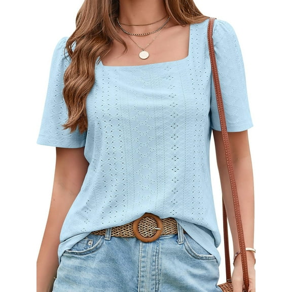 SHIBEVER Summer Tops for Women Square Neck Shirts Summer Short Sleeve Tshirt Fashion Eyelet Blouse Casual Solid Color Shirt Loose Blue Tunic Size S