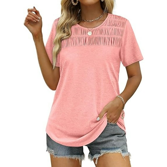 SHIBEVER Tops for Women Summer Short Sleeve Shirt Fit Pleated Blouse Casual Solid Color TShirt Fashion Pink Tunic Plus Size XXL