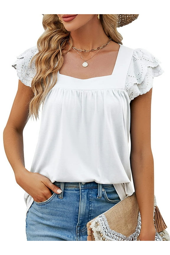 Tops for Women Summer Tees Casual Square Neck Fashion Ruffle Sleeve Shirts Lace Blouse Loose Solid Color White Size L