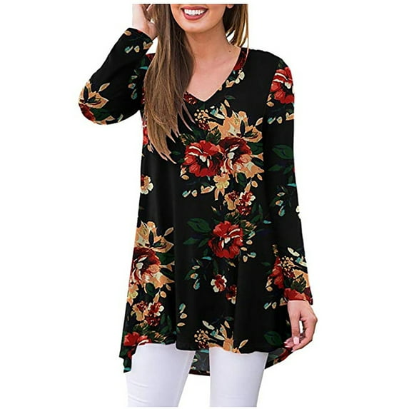 SHIBEVER Trendy Floral Print V-Neck Blouses For Women Casual Fall long sleeve Shirts Tunics Tops Black