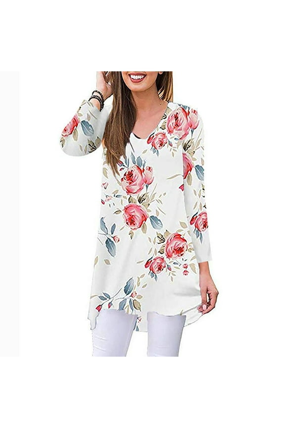 Trendy Floral Print V-Neck Blouses For Women Casual Fall long sleeve Shirts Tunics Tops White