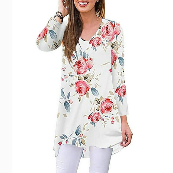 SHIBEVER Trendy Floral Print V-Neck Blouses For Women Casual Fall long sleeve Shirts Tunics Tops White