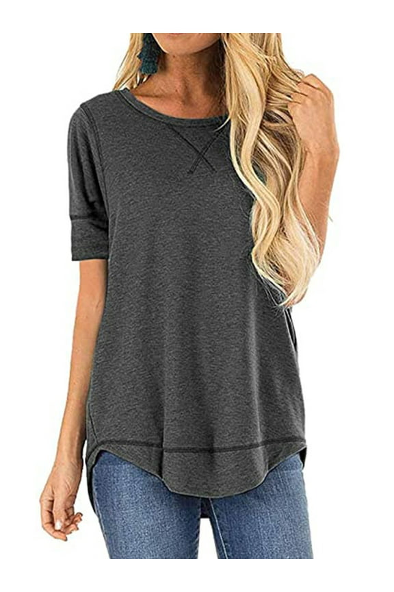 Tunic Tops for Women Summer Round Neck Short Sleeve Tshirt Shirts Baggy Blouse Loose Casual Grey Tee Tops for Lady Size XXL