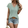 thumbnail image 1 of TEMOFON Womens Summer Tops Floral Lace Short Sleeve Raglan Tops Blouses Casual V Neck Tee Shirts Solid Color Green Size S, 1 of 5