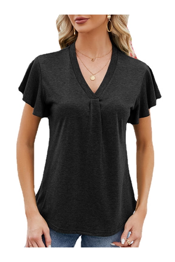 SHIBEVER V Neck Tops for Women Summer Shirts Casual Short Sleeve T Shirts Fashion Dolman Side Shirring Tunic Loose Solid Color White Tee Size XL
