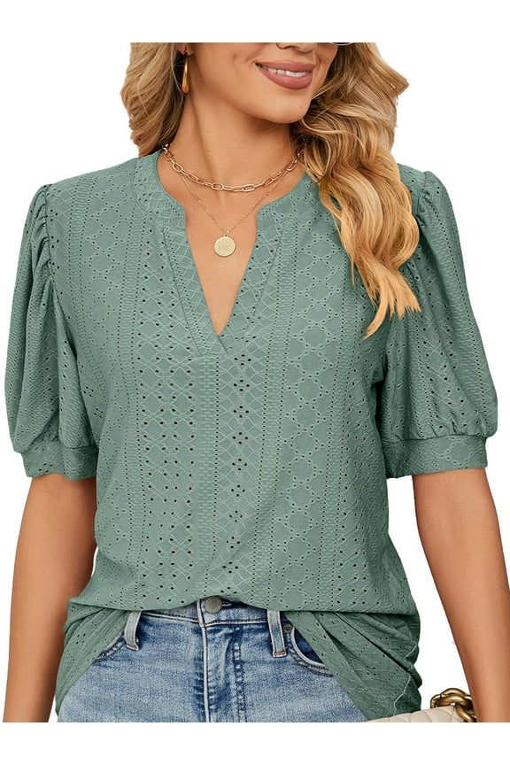 Women Blouses Puff Sleeve T Shirts Casual Eyelets Pattern Summer Tops Loose V Neck Tee Fashion Solid Color Green Size S
