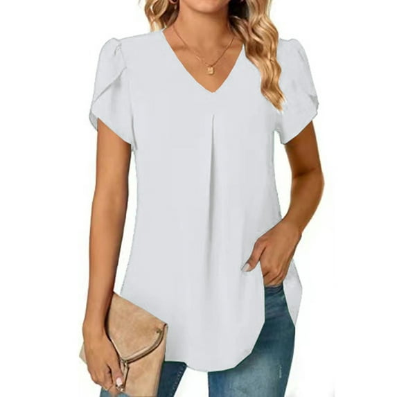 SHIBEVER V Neck Tops for Women Summer Tees Fashion Petal Sleeve TShirts Chiffon Blouse Loose Casual Tunic Color Black White Size L