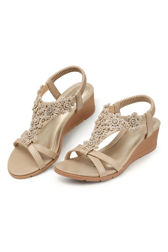 Wedge Sandal for Women Summer Casual Boho Sandals Flower Rhinestone Cute Beach Sandals Elastic Ankle Strap Platform Sandal Shoes Apricot