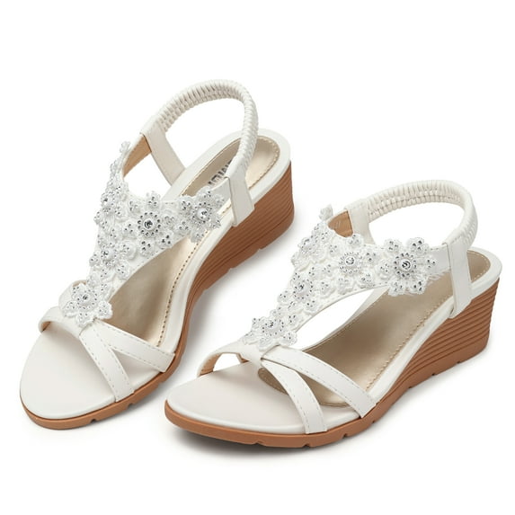 SHIBEVER Wedge Sandal for Women Summer Casual Boho Sandals Flower Rhinestone Cute Beach Sandals Elastic Ankle Strap Platform Sandal Shoes White