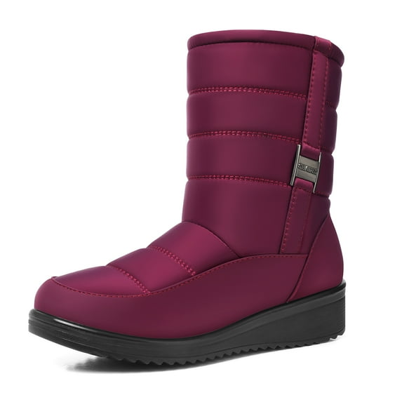 SHIBEVER Winter Snow Boots for Women Warm Faux Fur Lined Waterproof Boot Slip On Zipper Mid-Calf Snow Booties Outdoor Walking Winter Shoes Claret