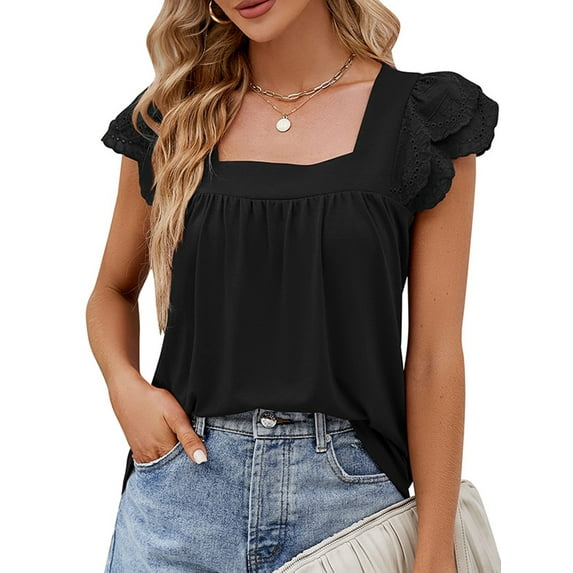 SHIBEVER Women Blouse Dressy Casual Square Neck Ruffle Sleeve Tops Summer Tshirts for Women Loose Fashion Lace Tee Solid Color Black Size S