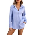 thumbnail image 1 of SHIBEVER Women Botton Down Shirts Casual Long Sleeve Loose Fit Tops Comfy Collared Trendy Blue Soild Color T Shirts Size S, 1 of 5