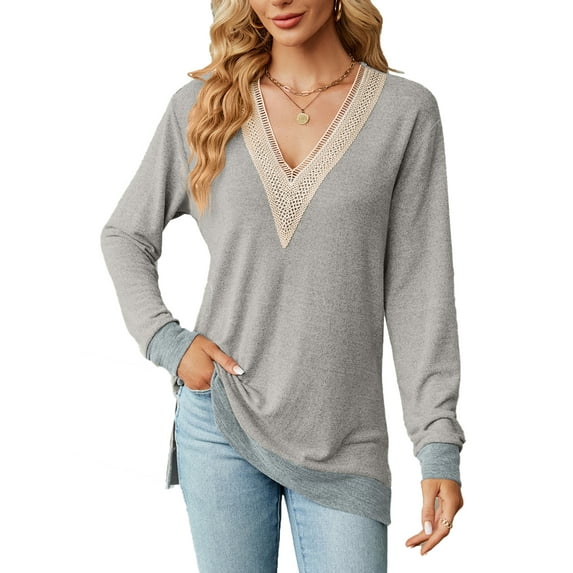 SHIBEVER Women Blouses Fall Casual Loose Fit Long Sleeves Tops Fashion Dressy V Neck Soild Color Gray Lace Shirts for Women Clothes Size L