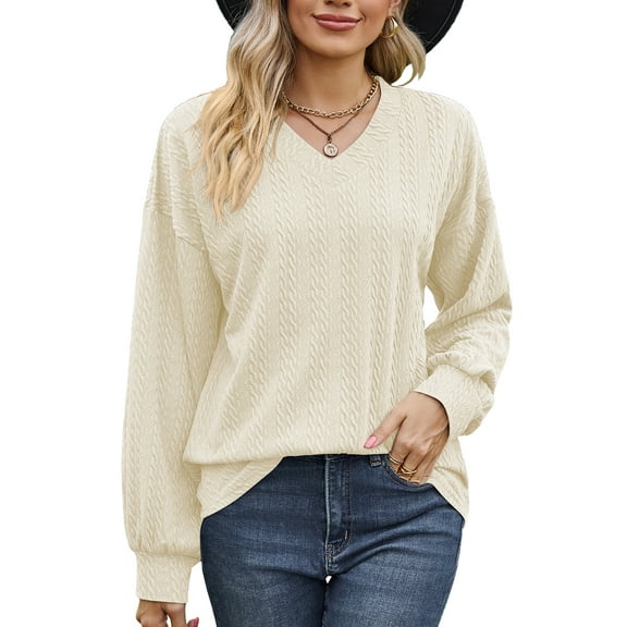SHIBEVER Women Blouses Fall Casual Loose Fit Long Sleeves Tops Fashion V-Neck Soild Color Offwhite Knit Tunic Shirts for Women Size L