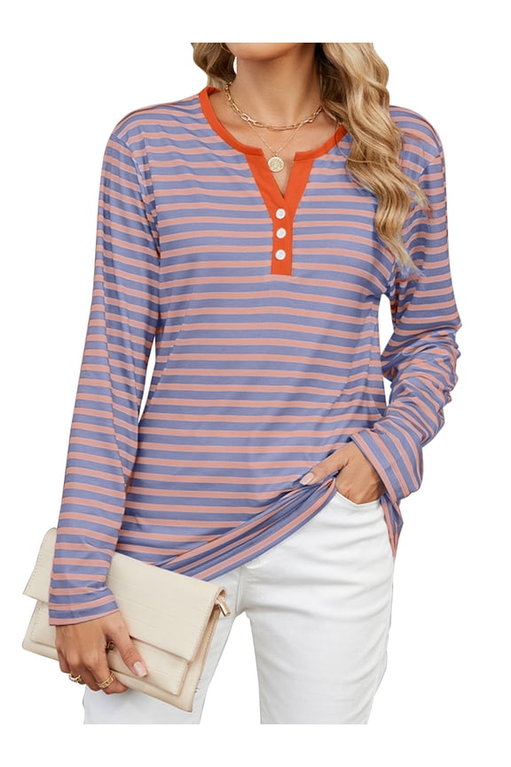 Women Blouses Long Sleeve Stripe Vneck Shirts Trendy Button Down Tunic Tops Color Block Loose Fit Sweatshirts for Women