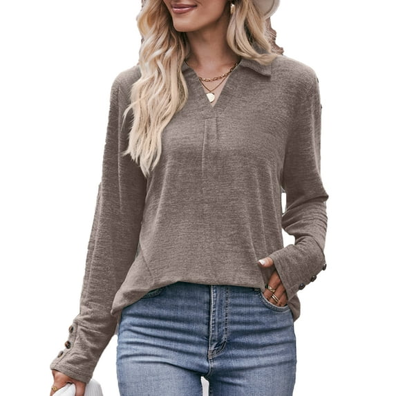 SHIBEVER Women Blouses Plus Size Casual Long Sleeve Tshirts V Neck Collared Loose Tops Trendy Khaki Soild Color Knit Tunic Blouses for Women Clothing Size XXL
