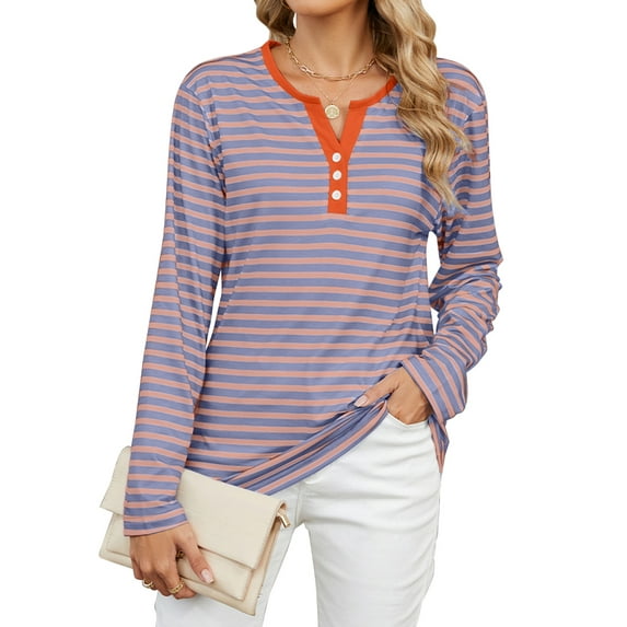 SHIBEVER Women Blouses Plus Size Long Sleeve Stripe Vneck Shirts Trendy Button Down Tunic Tops Color Block Loose Fit Sweatshirts for Women