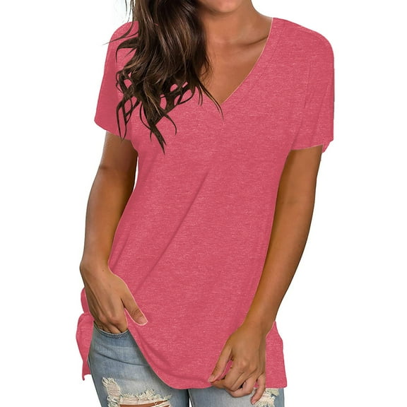 SHIBEVER Women Blouses Summer Casual V Neck Short Sleeve Tops Fashion Loose Shirts Basic Tunic Tops Pink Cute Tees Size S
