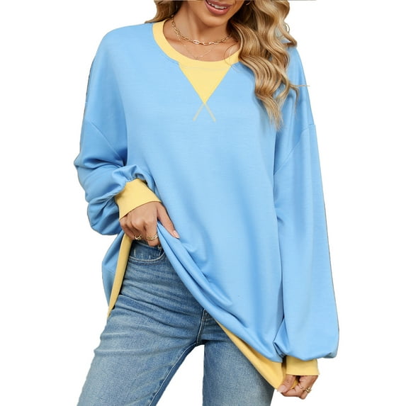 SHIBEVER Long Sleeve Shirts for Women Oversized Sweatshirts Crewneck Color Block Loose Pullover Tunic Tops Casual Fall Clothes Outfits T-Shirts Size S
