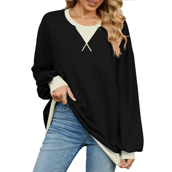 SHIBEVER Womens Sweatshirts Oversized Pullover Long Sleeve Tops Crewneck Trendy Color Block Casual Fall Outfits Clothing Loose Tunic Tops Size M