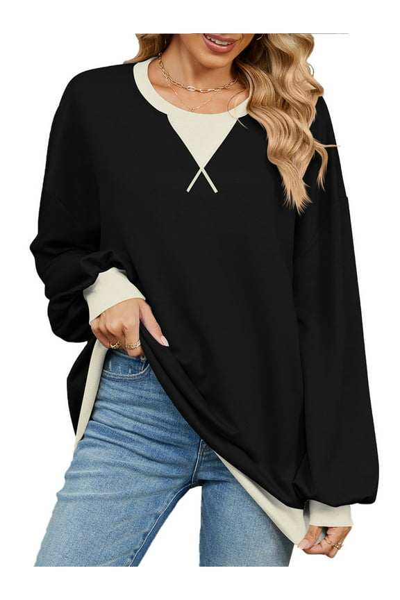 Womens Sweatshirts Oversized Pullover Long Sleeve Tops Crewneck Trendy Color Block Casual Fall Outfits Clothing Loose Tunic Tops Size XL