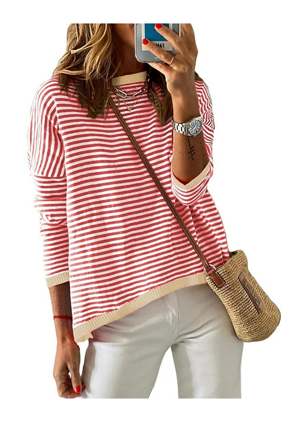Womens Sweaters Pullover Tops Round Neck Striped Color Block Fashion Long Sleeve Shirts for Women Sweatshirts Knitted Fall Winter Sweaters Tops Dressy Tunic Tops