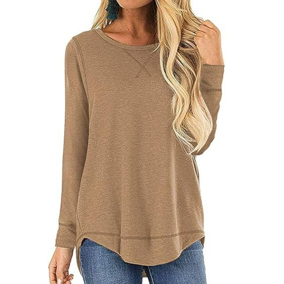SHIBEVER Women Casual Tops Long Sleeve Crew Neck Tshirt Shirts Solid Color Loose High Low Hem Khaki Tunic Pullover Size S