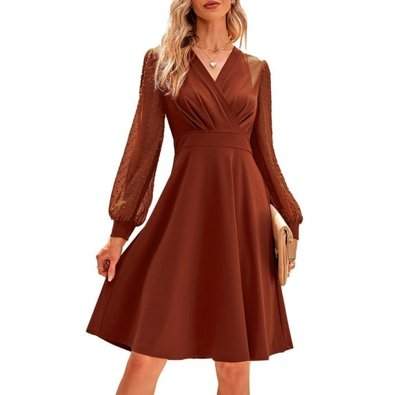 SHIBEVER Women Dresses Long Sleeve V Neck Shirt Dress Fashion Sheer Sleeves Solid Color Brown Mini Dress for Women Size S