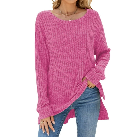 SHIBEVER Women Fall Tops Long Sleeve Crewneck Comfort Soft Sweater Casual Round Neck Side Split Fashion Barbiepink Tunic Tee Size XL
