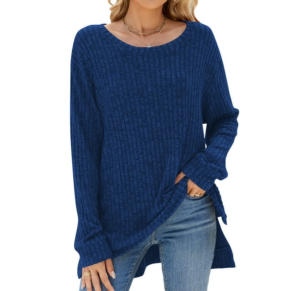 SHIBEVER Women Fall Tops Long Sleeve Crewneck Comfort Soft Sweater Casual Round Neck Side Split Fashion Royalblue Tunic Tee Size XL