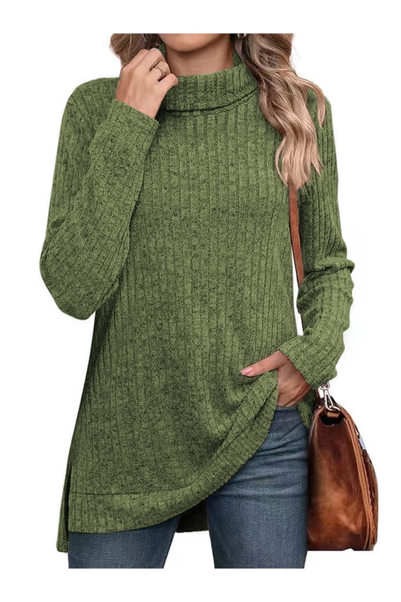 Women Fall Tops Long Sleeve Turtleneck Comfort Soft Sweater Side Split Fashion Loose Blue Tunic Winter Clothes
