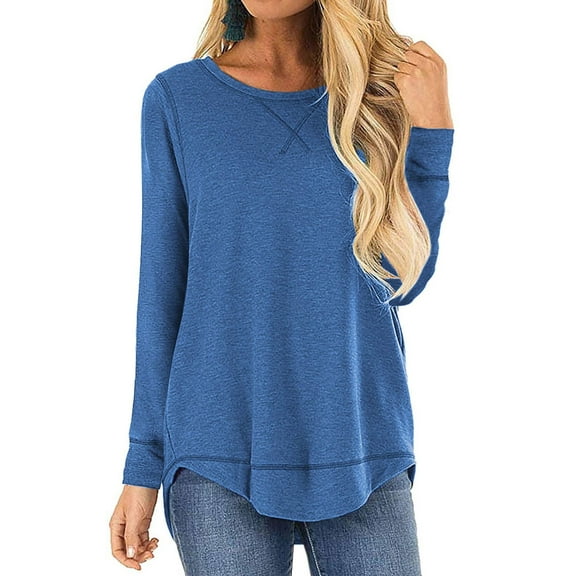 SHIBEVER Women Fall Tops Solid Long Sleeve Tunic Shirts Loose Workout Tee Casual Blue Autumn Dressy T Shirt Clothing Size XL