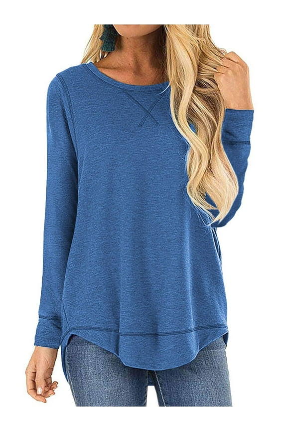 Women Fall Tops Solid Long Sleeve Tunic Shirts Loose Workout Tee Casual Blue Autumn Dressy T Shirt Clothing Size M
