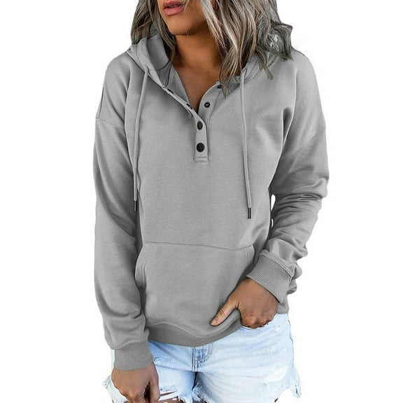 SHIBEVER Women Hoodies Casual Loose Fit Long Sleeves Hoodie Fashion Button Collar Soild Color Gray Hooded Sweatshirts for Women Size XL