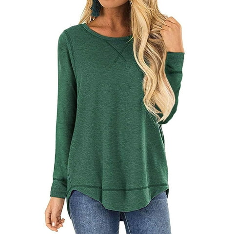 Women Long Sleeve Basic Tops Causal Loose Round Neck High Low Tops Comfort Soft Green Fall Shirts Blouse Size S