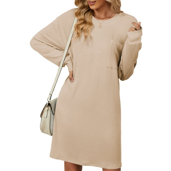 SHIBEVER Women Long Sleeve Dress Casual Crewneck Shirt Dress Winter Solid Color Elegant Dresses for Women with Pocket Size S