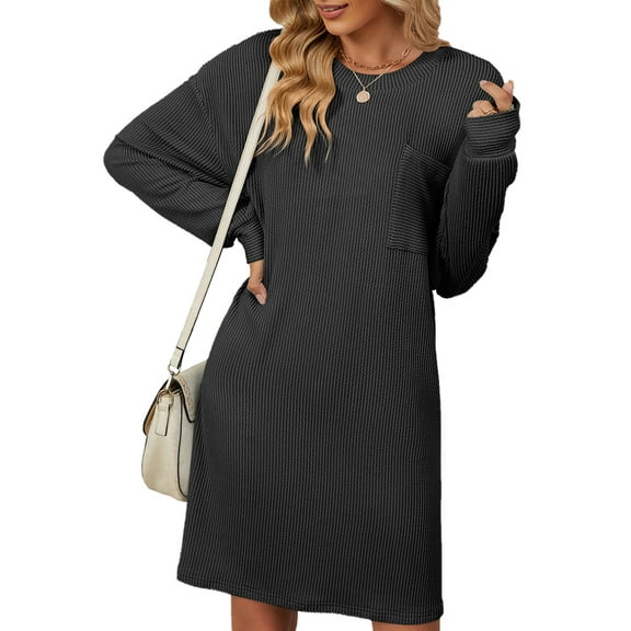 SHIBEVER Women Long Sleeve Dress Plus Size Comfy Crew Neck Shift Dress Stripe Solid Color Shirt Dresses for Women Size with Pocket XXL