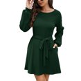thumbnail image 1 of SHIBEVER Women Long Sleeve Fall Dresses 2024 Crewneck Tie Waist A-Line Swing Casual Ribbed Knit Cute Short skirt GREEN M, 1 of 5