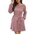 thumbnail image 1 of SHIBEVER Women Long Sleeve Fall Dresses 2024 Crewneck Tie Waist A-Line Swing Casual Ribbed Knit Cute Short skirt PINK XL, 1 of 5