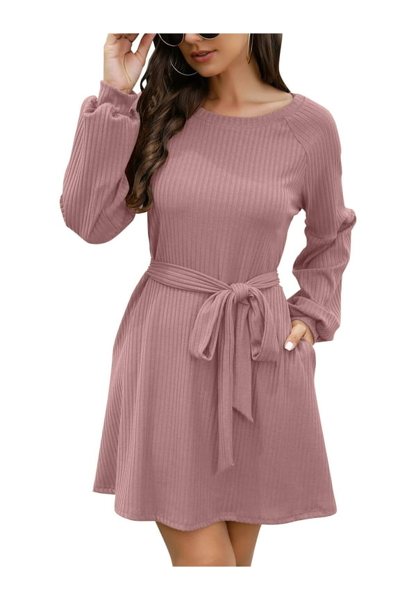 Women Long Sleeve Fall Dresses 2024 Crewneck Tie Waist A-Line Swing Casual Ribbed Knit Cute Short skirt PINK XXL