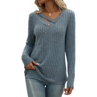 SHIBEVER Women Long Sleeve Shirts Fall V Neck Knit Loose Tunic Tops Fashion Button Ribbed Blouses Pullover for Women Size L