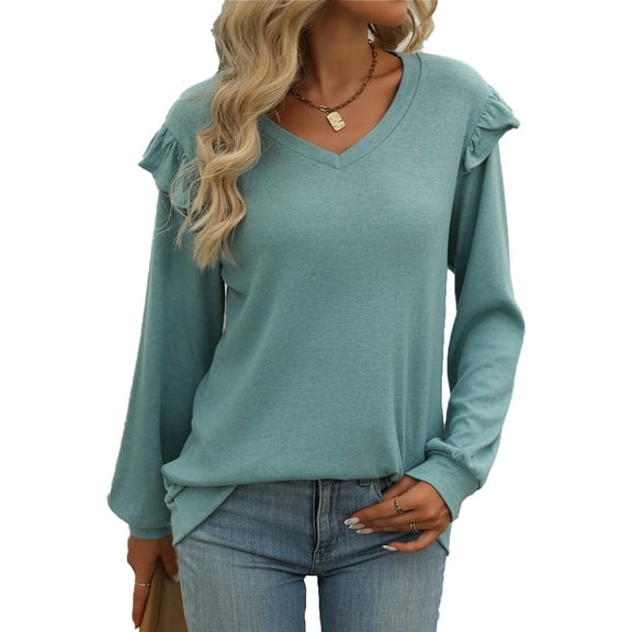 SHIBEVER Women Long Sleeve Shirts Fall V Neck T Shirts Fashion Ruffle Sleeve Tunic Tops Loose Shirts for Women Size M
