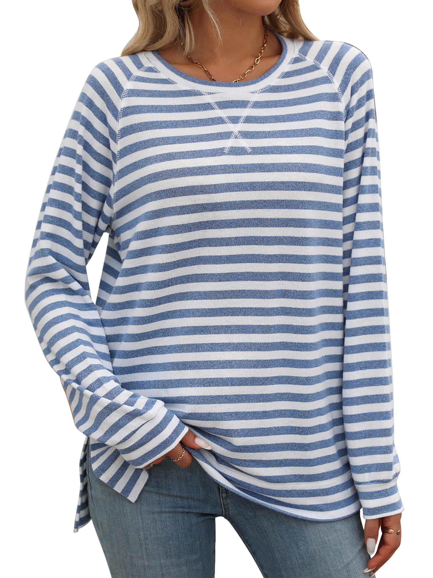 SHIBEVER Women Long Sleeve T Shirts Stripe Tunic Tops Crewneck Side ...